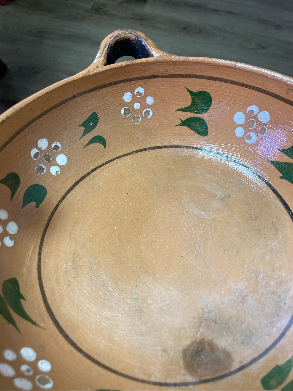 Hand Crafted Terracotta Serving Bowl with Green and White Floral Motif - Picture 6 of 8